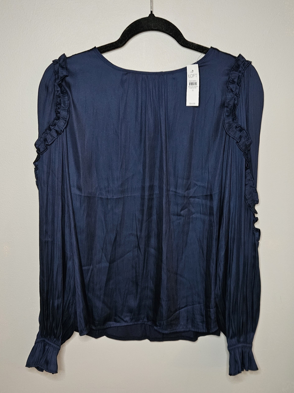 LOFT Navy Ruffle Trim Long-Sleeve Blouse